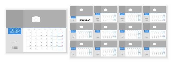 Desktop Monthly Photo Calendar 2023. Simple monthly vertical photo calendar Layout for 2023 year in English. Cover Calendar, 12 months templates. Week starts from Monday. Vector illustration