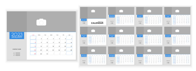 Desktop Monthly Photo Calendar 2023. Simple monthly vertical photo calendar Layout for 2023 year in English. Cover Calendar, 12 monthes templates. Week starts from Sunday. Vector illustration