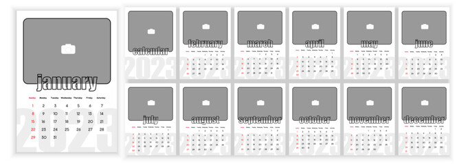 Wall Monthly Photo Calendar 2023. Simple monthly vertical photo calendar Layout for 2023 year in English. Cover Calendar, 12 monthes templates. Week starts from Sunday. Vector illustration