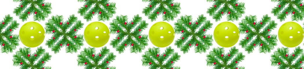 Pickleball pattern. Pattern of green yew branches with red berries and green pickleballs on a white background.