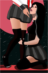Illustration two girls under pink moon	