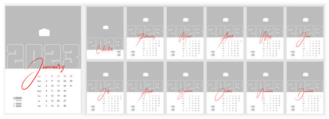 Wall Monthly Photo Calendar 2023. Simple monthly vertical photo calendar Layout 2023 year in English. Cover, 12 months templates. Week starts from Sunday. Vector illustration