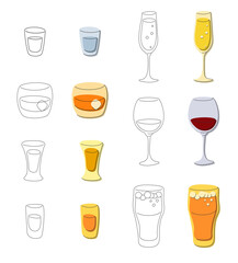 Vodka champagne whiskey red wine tequila rum glass on white background. Cartoon sketch graphic design. Flat colored hand drawn image. Party drink concept for cafe. Freehand. Two kinds of image