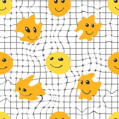 Seamless distorted melting yellow smiley face. Geometric pattern. Vector