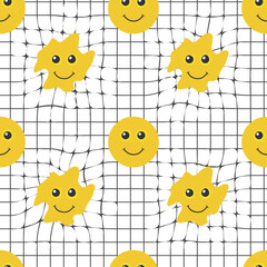 Seamless distorted melting yellow smiley face illustration pattern for fabric, wallpaper or wrapping paper. Geometric pattern. Vector