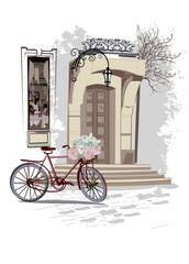 Series of backgrounds decorated with flowers, old town views and street cafes. Café window.   Hand drawn vector architectural background with historic buildings.  - 549273250