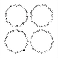 Set of 4 hand drawn spring wreaths isolated on white background, vector. Outline and silhouette frames with leaves. Doodle style.Collection of floral monogram frames.