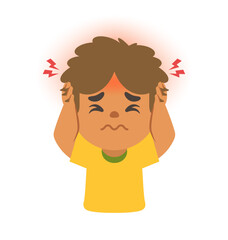 a black boy get a headache. illustration cartoon character vector design on white background. kid and health care concept.