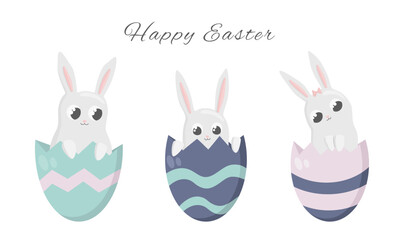 Obraz na płótnie Canvas Vector illustration of three different bunnies in Easter eggs