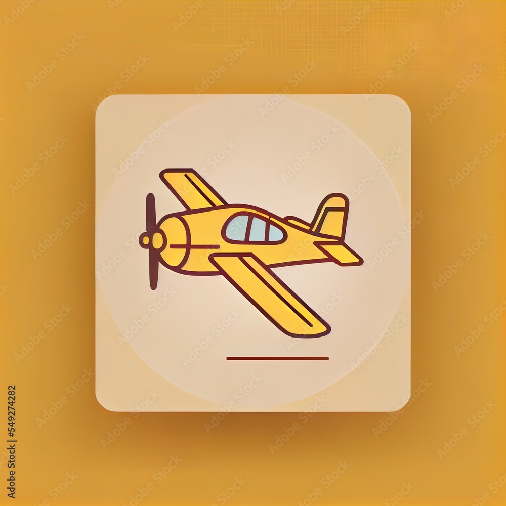 Poster a yellow airplane is flying in the sky on a white square button with a yellow background and a yello