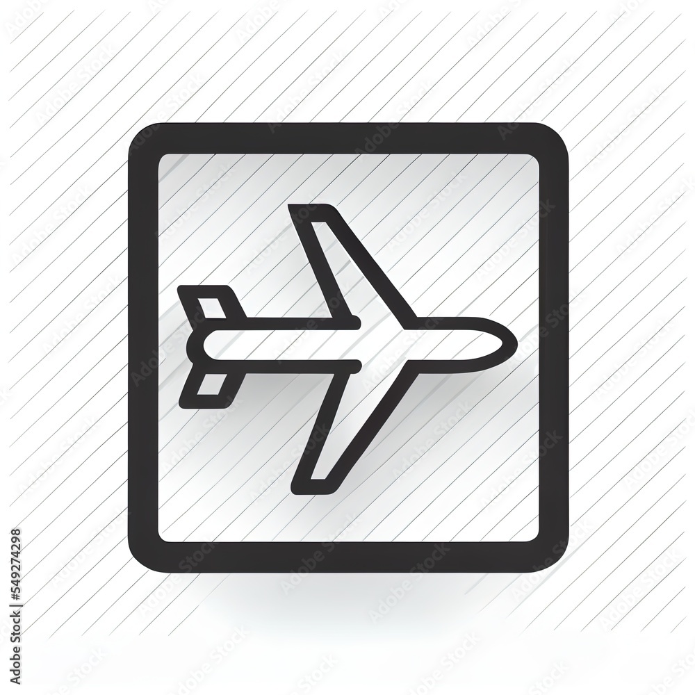 Poster a black and white icon of a plane on a white background with a shadow in the middle of the image. ge