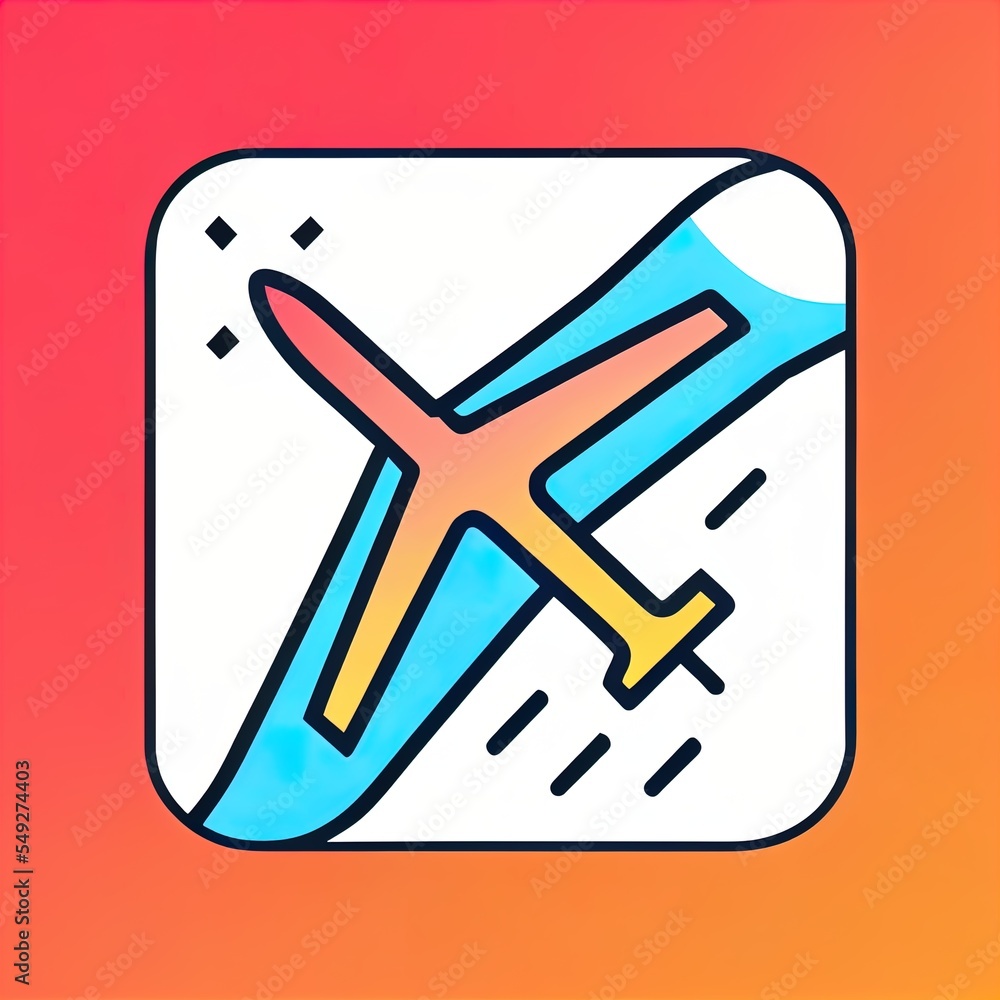 Poster a colorful icon of a plane with a long tail on a red background with a yellow border around it. gene