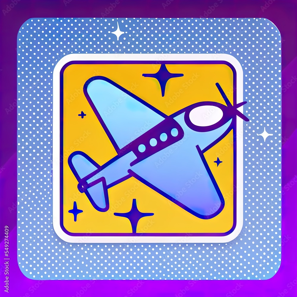 Poster a picture of a plane with stars on it and a purple background with a blue frame and a yellow backgro