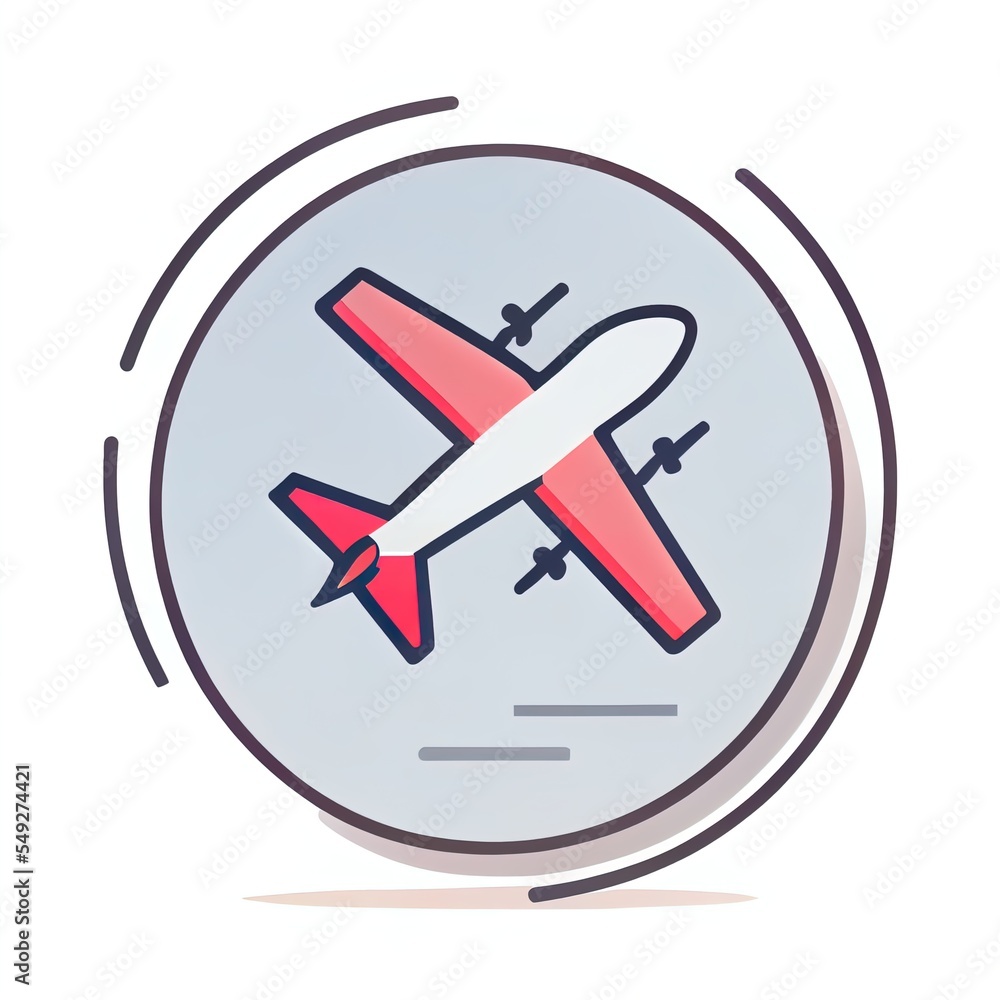 Poster a red and white airplane flying in the sky with a circle around it that says. generative ai