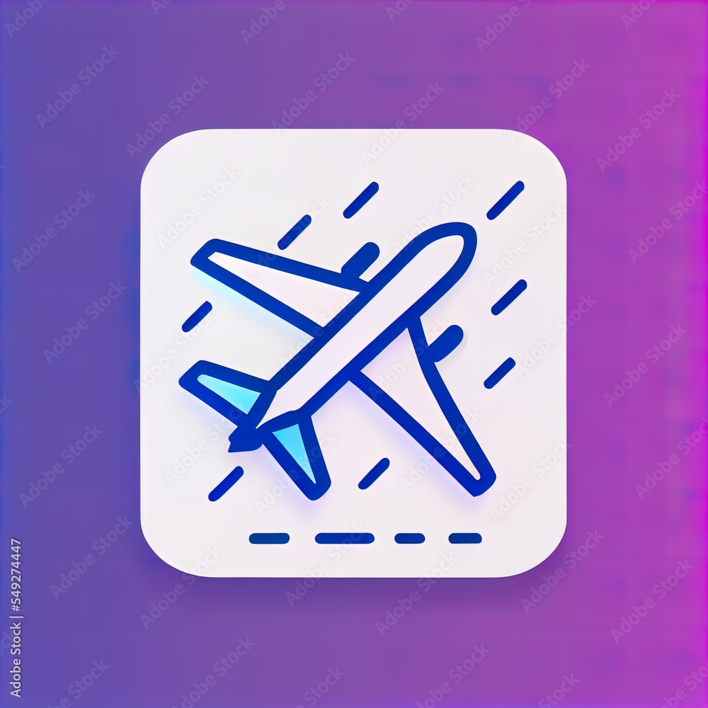 Poster a white square with a blue line airplane on it and a purple background with a pink rectangle around 