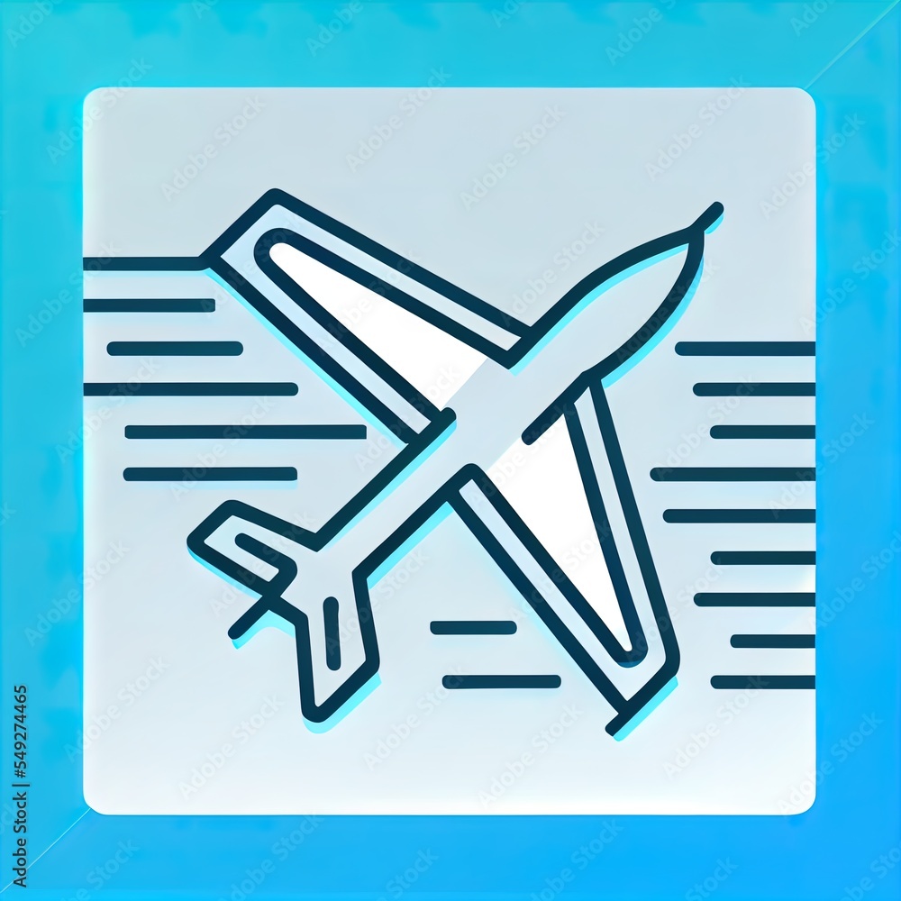 Poster a blue square with a plane on it's side and a line drawing of a plane on the side. generative ai