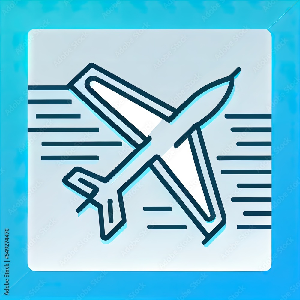 Poster a blue square with a plane on it's side and a line drawing of a plane on the side. generative ai