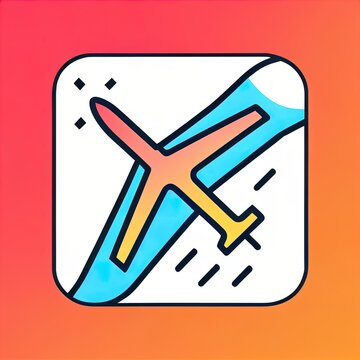  a colorful icon of a plane with a long tail on a red background with a yellow border around it. Generative AI