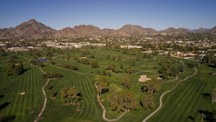 A aerial view of a golf corse in Arizona during the winter.