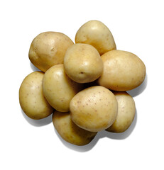 A top view of several ripe raw potatoes on a transparent background