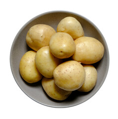 A top view of Several ripe raw potatoes in the bowl on a transparent background