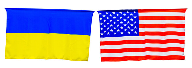 Obraz premium Ukrainian and American flags hanging on a wall