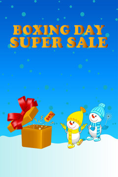 Boxing day, christmas. Cheerful snowmen with gifts. Sale discount.