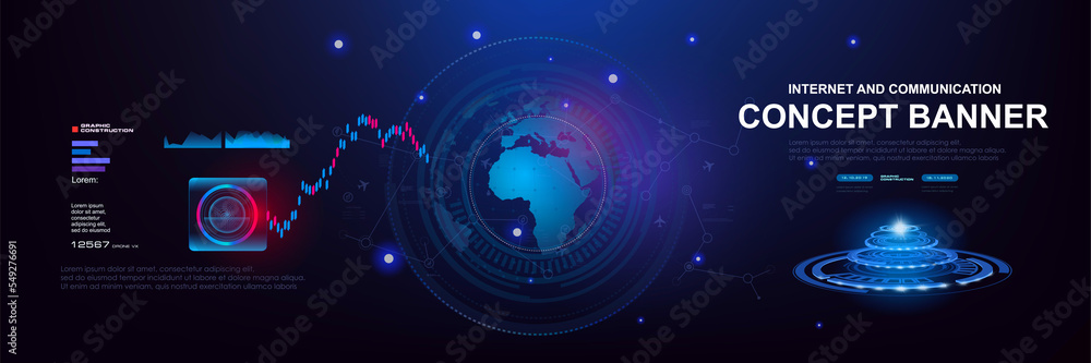 Poster internet and communications. concept banner with hud elements. futuristic background with holographi