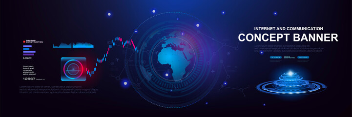 Fototapeta premium Internet and communications. Concept banner with HUD elements. Futuristic background with holographic earth map. Internet 3.0 Electronics digital programming. Internet technologies and communications