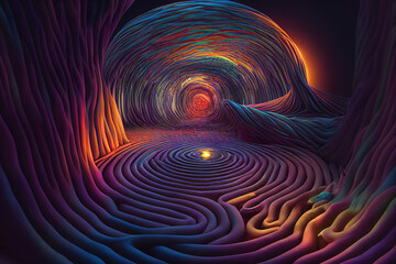 Creative digital abstract psychedelic labyrinth space. Maze and solution concept. 3D Rendering