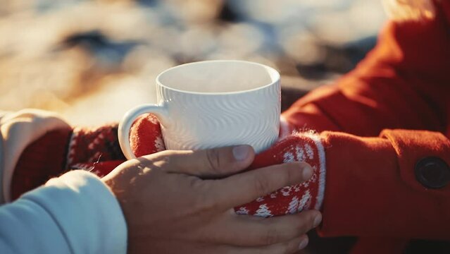 Close up hands of couple holding cups with hot tea at winter christmas days. Coffee in the hands of a girl and a guy at Christmas date. Freezing weather warm hugs at New year vacation. Love concept.