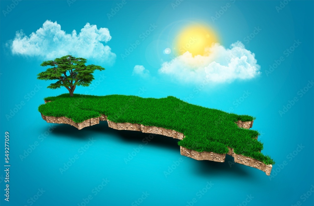 Poster 3d rendering of costa rica map with clouds and tree