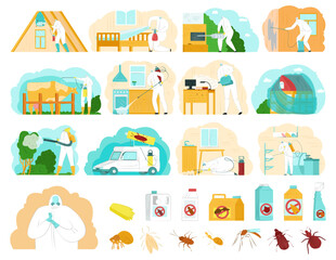 Pest control set, vector illustration. System measures to combat insects, ticks, rodents. Disinfection houses and apartments cartoon service.