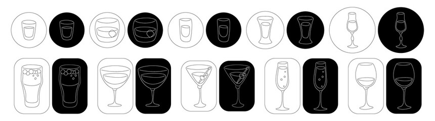 Vodka whiskey rum tequila liquor beer vermouth martini champagne wine wineglass in thin lines. Cartoon sketch graphic design. Doodle style. Black white hand drawn image. Party drink concept