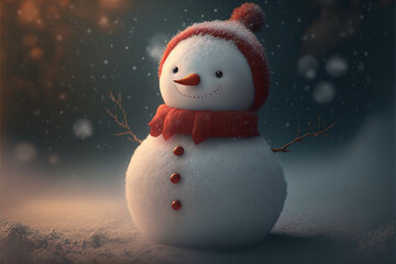 Obraz premium cute snowman standing on snowy field in winter christmas festive.