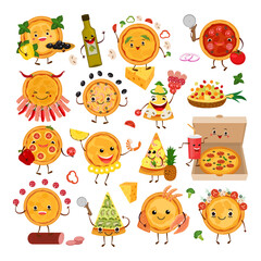 Pizza characters funny elements for pizzeria set, vector illustration. Delicious dinner with tasty pepperoni snack in box.