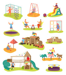 Playground with kids elements collection, vector illustration. Outdoor entertainment for children charcater. Boy girl person ride swing