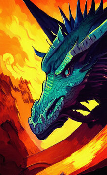 Fantasy mystical evil dragon digital art painting