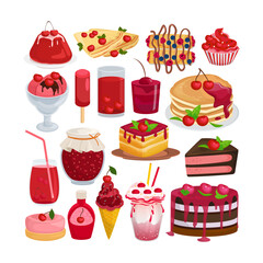Sweet dessert cherry, collection cartoon elements vector illustration. Delicious homemade organic natural desserts. Traditional baked sweets