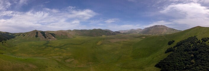 Aerial view of the plains of castelluccio di norcia fields