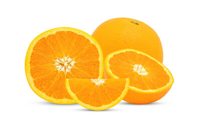 Whole of fresh orange fruit with slices isolated on white background.