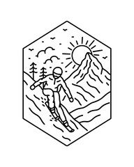 Enjoy ski in Zermatt Matterhorn Switzerland in mono line vector for badge, t-shirt, emblem design
