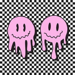 Groovy Melting Smile Cartoon Checker Background Vector