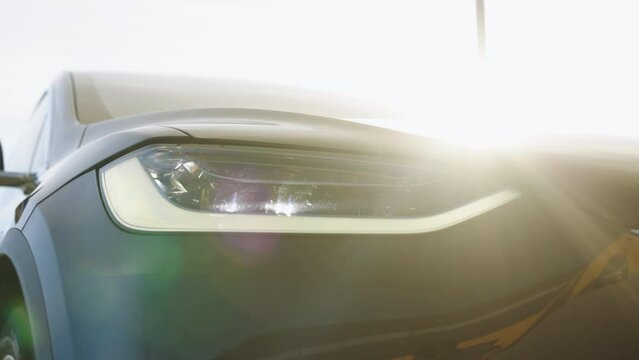Car Front Full Led Matrice Light of Tesla model X plaid. Adaptive car headlamp flashing light with blinking on continuously indicator. Switched on led lights
