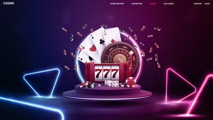 Online casino, banner with slot machine, Casino Roulette, poker chips and playing cards on podium floating in the air with line gradient neon triangles around