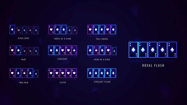 Neon poker hand rankings combination set. Pink and blue shine neon casino playing cards