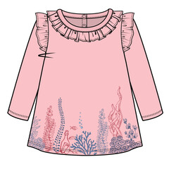 LONG SLEEVES UNDER WATER GRAPHIC FOR TODDLER GIRL AND BABY GIRL SET IN EDITABLE VECTOR