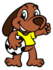 Cartoon illustration of Cute little Dog wearing soccer jersey and holding a Ball. Best for mascot, logo, and sticker with sports themes