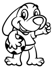Cartoon illustration of Cute little Dog wearing soccer jersey and holding a Ball. Best for mascot, outline, and coloring book with sports themes for kids