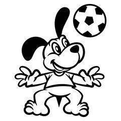Cartoon illustration of Cute little Dog wearing soccer jersey and juggling a Ball at opening soccer competitions. Best for mascot, outline, and coloring book with sports themes for kids